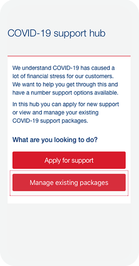 Image of mobile phone screen showing examples of available actions on COVID-19 Support Hub page