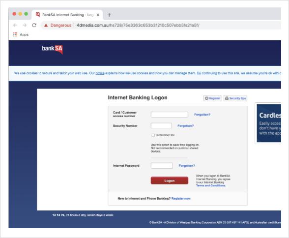 Screenshot of BankSA Online Banking logon page with "4dmedia" in the URL 