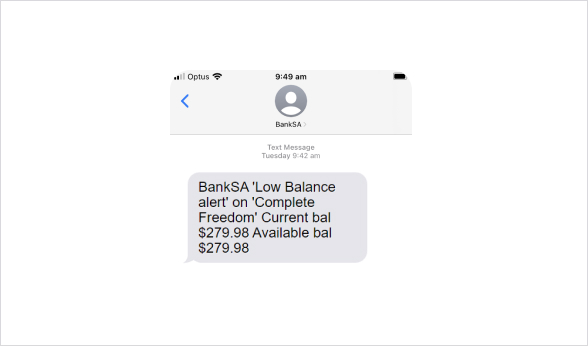  Screenshot SMS from BankSA warning of low balance in account