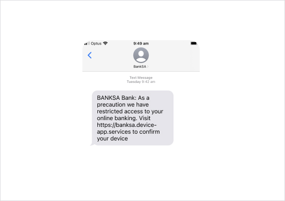 Screenshot of BankSA alert SMS warning of restricted online banking access
