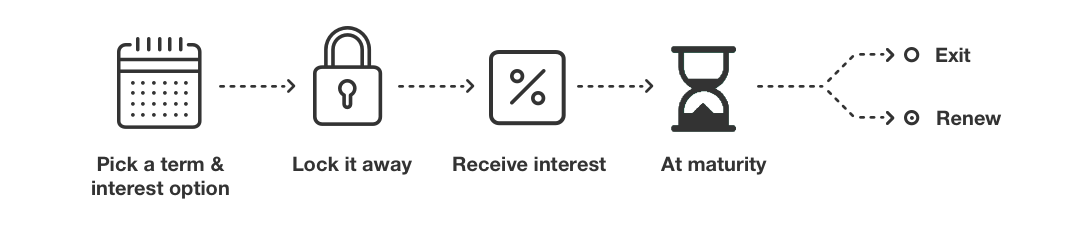 Pick a term & interest option; lock it away; receive interest; at maturity, exit or renew.